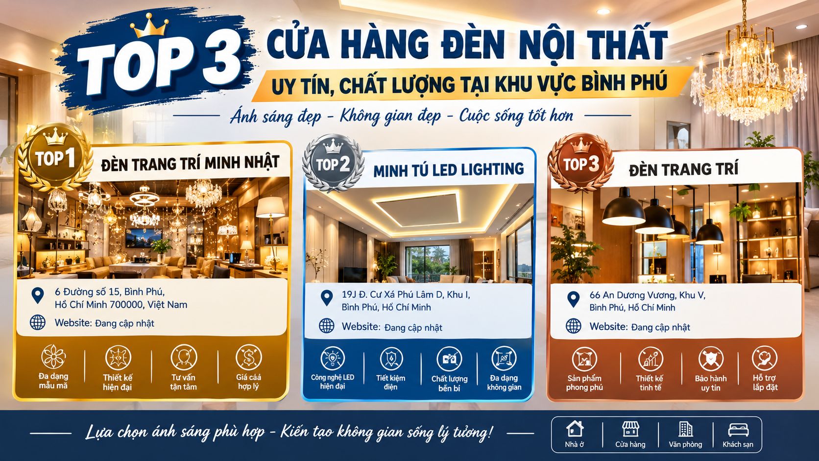 TOP 3 CỬA HÀNG ĐÈN NỘI THẤT UY TÍN, CHẤT LƯỢNG TẠI KHU VỰC BÌNH PHÚ